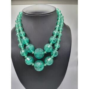 Vintage Green Faceted Lucite Style Bead Necklace Silver Fleck Double Strand
